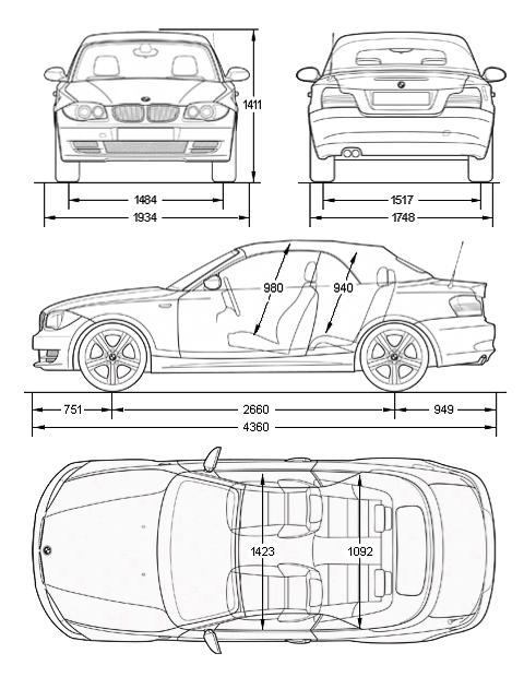 Схема, чертеж габаритов и габаритных размеров BMW E88 1-й серии в кузове кабриолет с индексом Е88